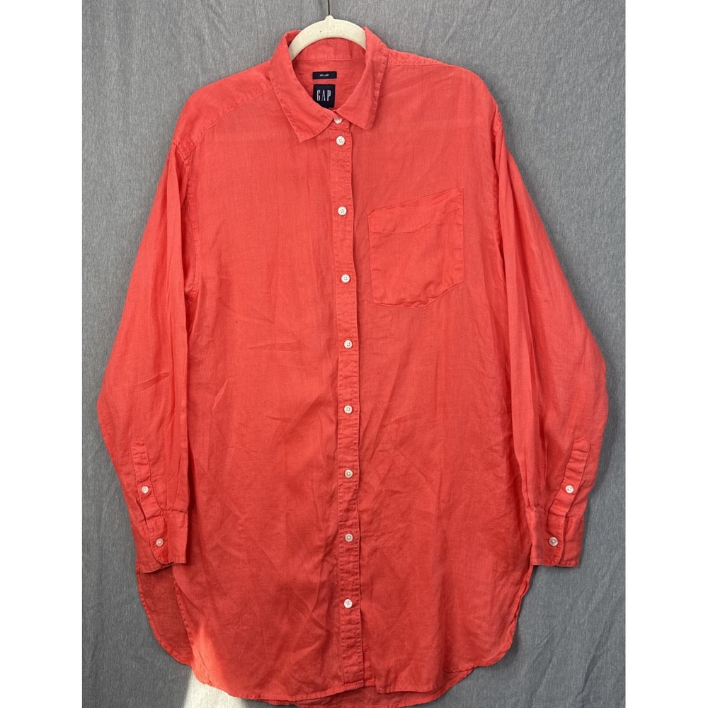 Gap Tunic Shirt 100% Linen Coral Pink Long Sleeve Vintage Button Down Boho Y2K